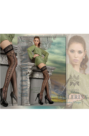 A model stands on a classical-style pedestal, showcasing the Ballerina 216 Hold Up Nero (Black) thigh-high stockings with an elegant faux suspender design and metallic Lurex thread. She pairs them with a green long-sleeve blouse and black high heels. The backdrop features classical architectural elements and includes a close-up of the model's face on the right.