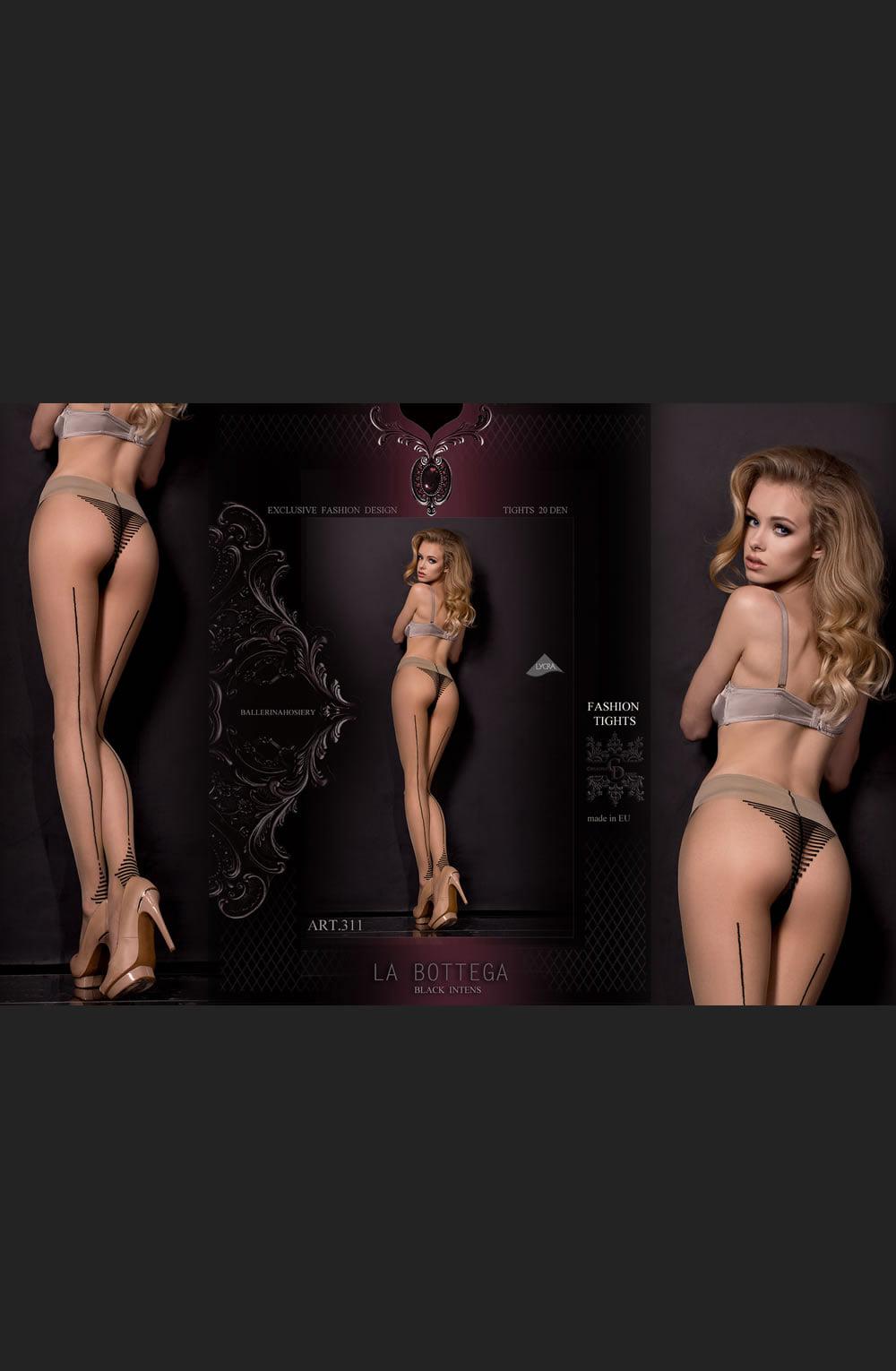 A woman with long blonde hair is modeling the Ballerina 311 Tights in Nero (Black) / Skin, featuring a cheeky stripe design running down the back of each leg. She is wearing high heels and a matching lingerie set, with "Ballerina" from their Hush Hush collection visible in the bottom center of the image.