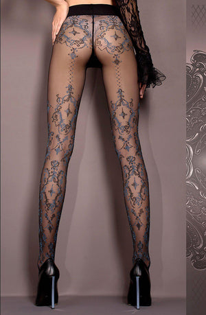 A person is standing with their back to the camera, wearing sheer black tights from the Ballerina brand's Hush Hush collection. The tights are adorned with intricate blue floral patterns. They are also wearing black high-heeled shoes and a black long-sleeved top with sheer lace embellishments.