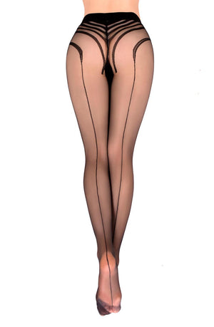 A person wearing the Ballerina 559 Black Tights from Ballerina, adorned with decorative lines and patterns, viewed from the back. The elegant sheer black tights feature a back seam running down the legs, complemented by vertical line detailing. The feet are visible against a plain white background.