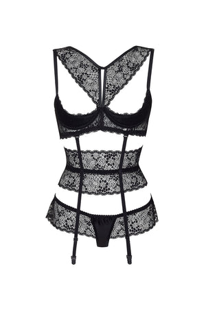 The image showcases the Beauty Night Bn6656 Lillie Set Black by Beauty Night, which includes a black lace thong set featuring a bra with adjustable straps, a waist cincher adorned with multiple horizontal bands of lace, and a matching thong. The intricate lace design imparts a delicate and elegant appearance to the lingerie set.