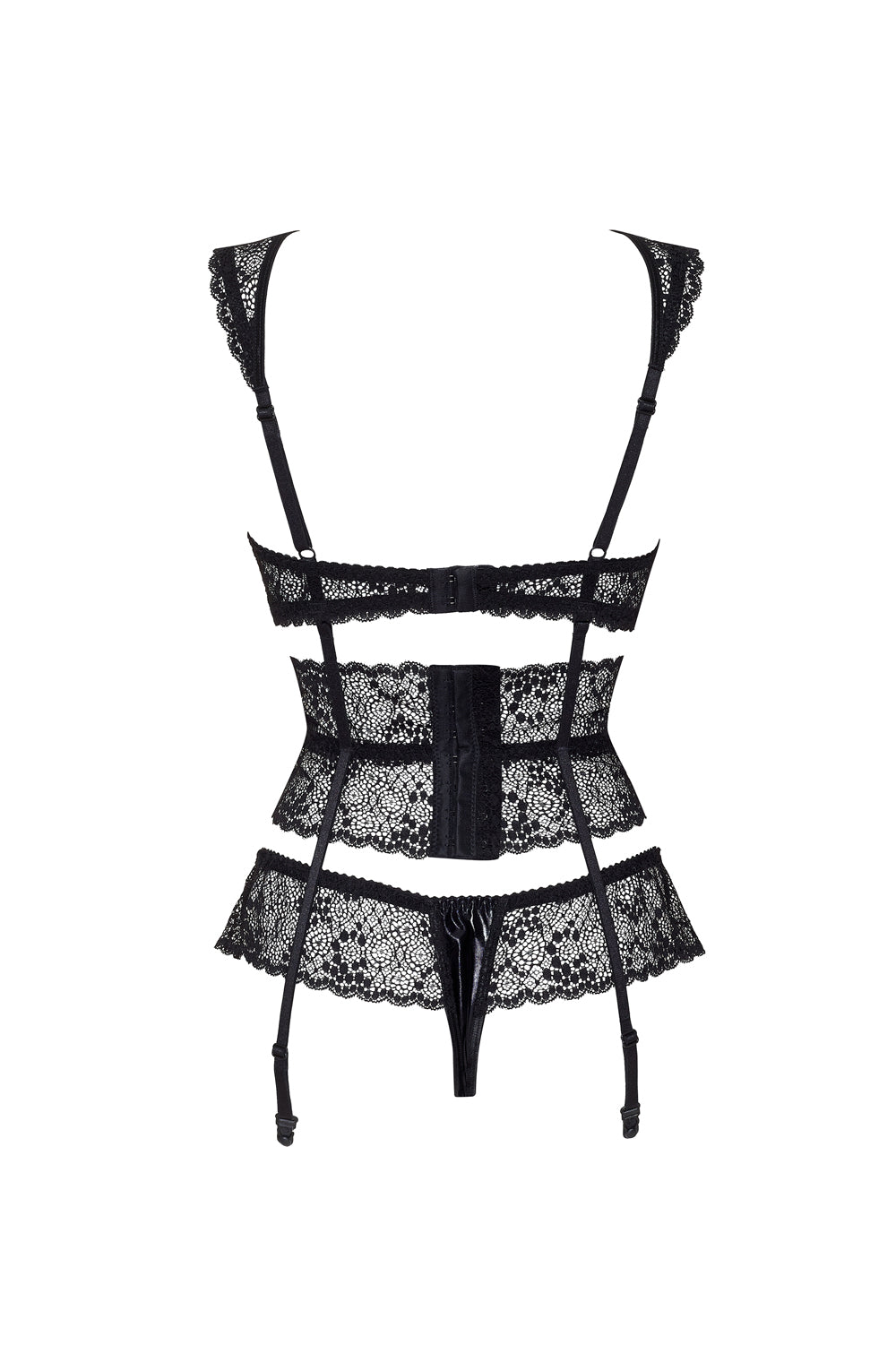 The Beauty Night Bn6656 Lillie Set Black by Beauty Night includes a black lace lingerie set with a garter belt, underbust straps, adjustable shoulder straps, and a matching thong. The intricate lace details enhance the elegance and allure of this stunning thong set.