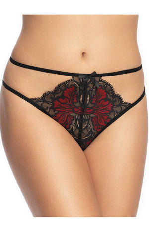 A close-up image features a person wearing the Irall Erotic Oriana Babydoll Red by Irall Erotic. The delicate floral lace thong, in black and red, showcases intricate floral patterns and double black elastic straps on the sides, enhancing its elegant appearance reminiscent of sensual babydoll chiffon lingerie.