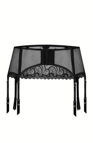 The Roza Anuk Suspender Belt Black by Roza showcases a black sheer lace design adorned with intricate floral embroidered detailing. This luxurious lingerie piece features adjustable straps with satin ribbon accents, expertly crafted to hold stockings in place while combining delicate fabric and elegant craftsmanship.