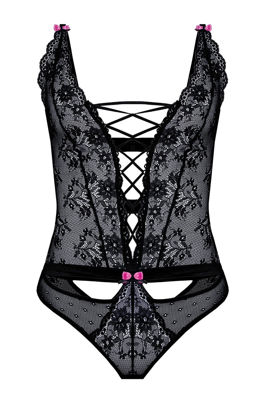 The Roza Fifii Black Body by Roza is a sophisticated black lace bodysuit adorned with intricate floral patterns and crisscross ribbon details down the front. It features sheer sections, satin bows at the top and bottom, and a deep V-neckline. Adjustable straps ensure a perfect fit, while delicate lace trim adds an extra touch of elegance to this stunning piece.