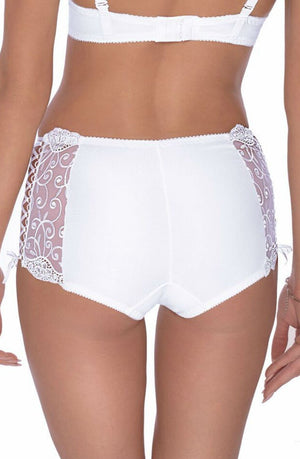 Back view of a person wearing the Roza Ginewra Short White bridal underwear, which is high-waisted and features lace panels with floral embroidery on the sides. The soft, smooth fabric provides full coverage. The person is also wearing a matching push-up bra from Roza, complete with adjustable straps and a hook-and-eye closure.