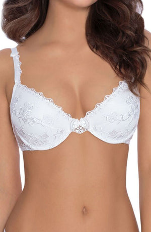 A person wearing the Roza Kalisi Push Up Bra in white, which features intricate floral lace detailing along the cups and straps, making it perfect for bridal season. The person's hair cascades over one shoulder, with the image cropped just above the shoulder and below the waist.