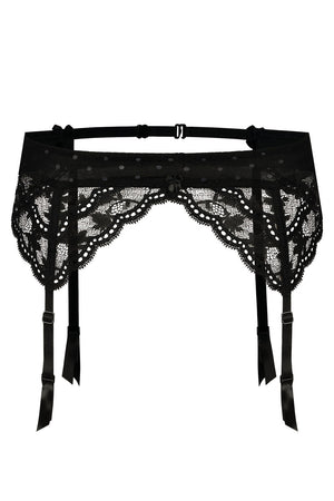 The Roza Lagerta Suspender Belt Black showcases intricate floral patterns and polka dot detailing. It features adjustable straps with metal clasps, satin ribbon accents, and a transparent mesh band. Its elegant and delicate design is intended to be worn around the waist with stockings, making it a stunning piece from the Roza brand.