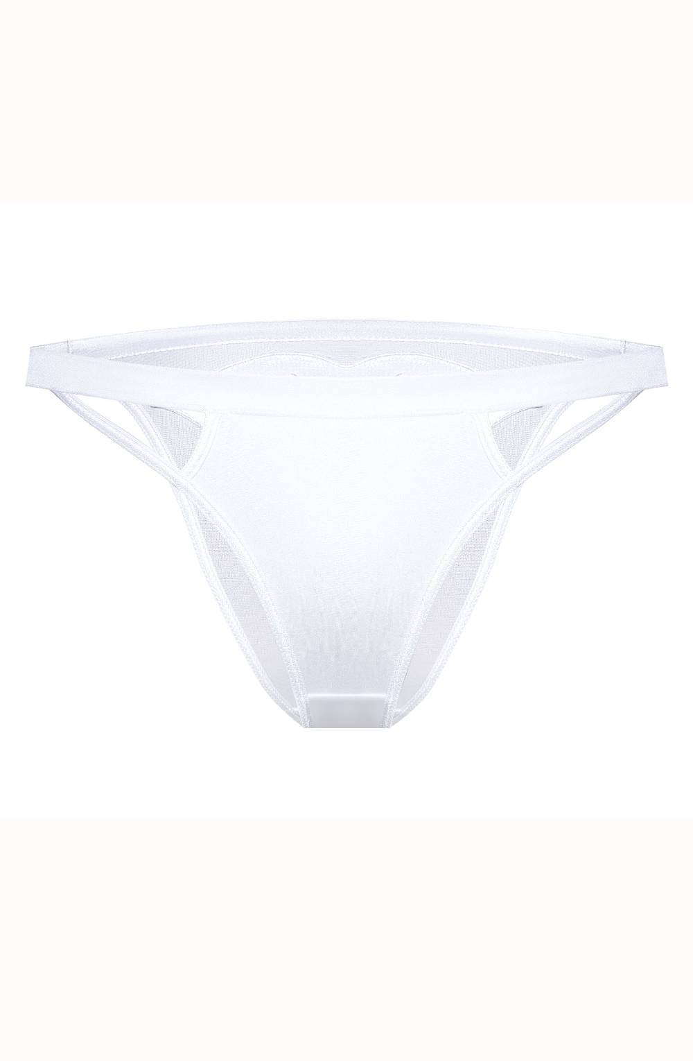 The Roza Lipst Brief White by Roza is a minimalistic thong featuring thin side straps and sheer fabric. The front panel offers moderate coverage with semi-transparent material, creating a delicate, lightweight look. Enhanced by an embroidered lips applique, the overall style is simple and elegant.