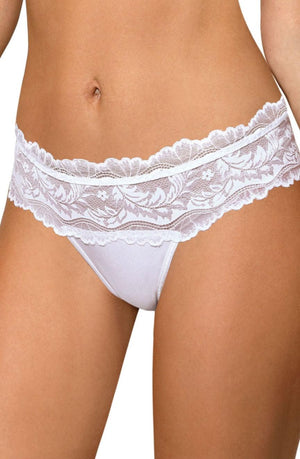 A person wearing the Roza Sefia Thong in white, featuring intricate floral patterns along the waistband. The lace panel design extends to the upper part of this thong, while the lower section is made of smooth fabric. Part of Roza's Sefia Collection, this underwear beautifully complements the wearer's figure.