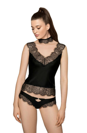 A woman is wearing the Roza Sija Black Shirt, a luxurious lingerie set adorned with eyelash lace trim. The set includes a sleeveless top with a lace neckline and hem, complemented by matching underwear featuring lace edges. She has long, dark hair tied in a high ponytail and is looking down to her left—making it the perfect gift for any occasion.