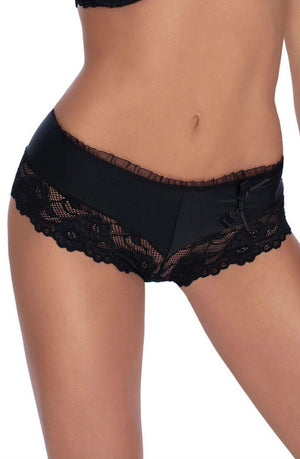 A person is shown from the waist to the upper thighs, wearing Roza Sisi Black Shorts with a decorative bow on the right side. These stylish shorts feature a sheer lace design at the bottom, and their midriff is visible while their head and lower legs are not included in the image.