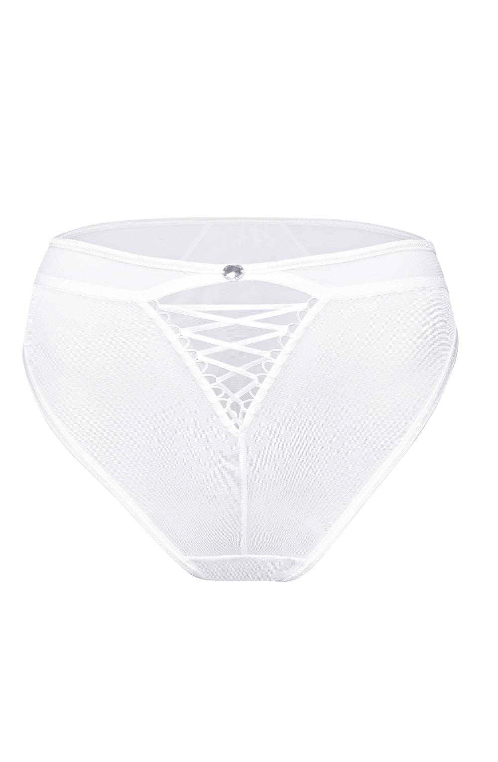 Front view of the sophisticated Roza Tarra White high-waisted mesh panty, featuring a diamond-shaped lattice pattern on the front, adorned with delicate lace trim and a small decorative jewel at the waistband. A satin ribbon highlights a discreet V-shaped cut-out design for added elegance.