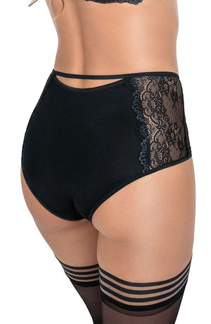 A person wearing the Roza Zulaj Boxer Brief in black, featuring exquisite lace detailing on the sides, is standing and facing away from the camera. The ensemble, highlighted by a thin waist strap and complemented by thigh-high stockings with multiple horizontal stripes at the top, showcases an elegant appearance.