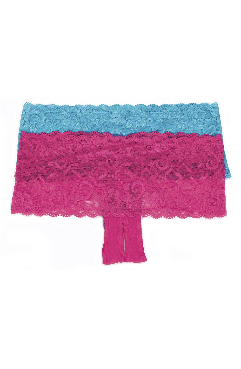 Two lacy boy shorts, one hot pink and one Shirley of Hollywood 59 Stretch Lace Boy Short in turquoise, are laid flat against a white background. Both feature a delicate floral lace pattern with scalloped edges crafted from durable stretch lace. The bands are designed to provide comfortable support and decoration.