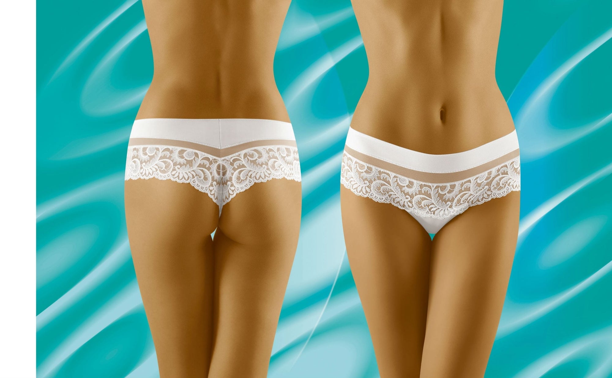 Two views of a person wearing Wolbar Cantata White Thong Shorts: one from the back and one from the front, showcasing the elegant design. The background features a turquoise abstract pattern with wavy, light blue lines.