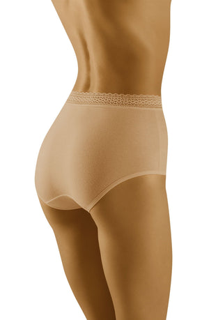 A person wearing Wolbar Eco-Go Beige Briefs with a high-waisted design and delicate lace trim at the waistband. The image highlights the back and side view, showcasing the fit and design details made from high-quality cotton. The background is plain white.