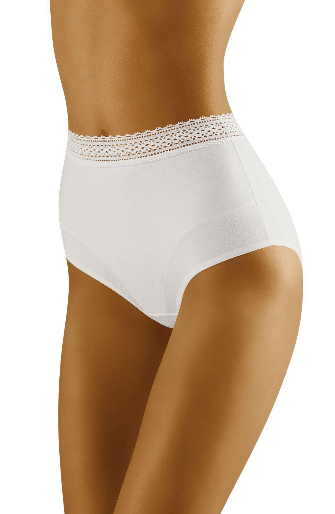 A woman is wearing the Wolbar Eco-Go White Brief, a pair of high-waisted underwear featuring a lace trim at the waistband. The image highlights her midsection and upper thighs, showcasing the fit and design of these high-quality cotton briefs from Wolbar.