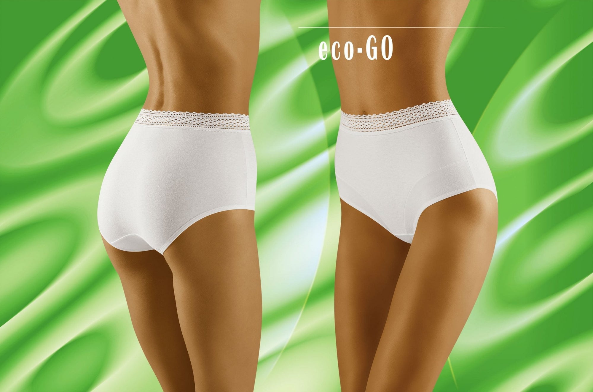 Two views show a person wearing Wolbar Eco-Go White Brief, high-quality cotton briefs featuring a lace trim waistband. The person is posed against a green, abstract swirling background with the text "eco-GO" displayed at the top right of the image.