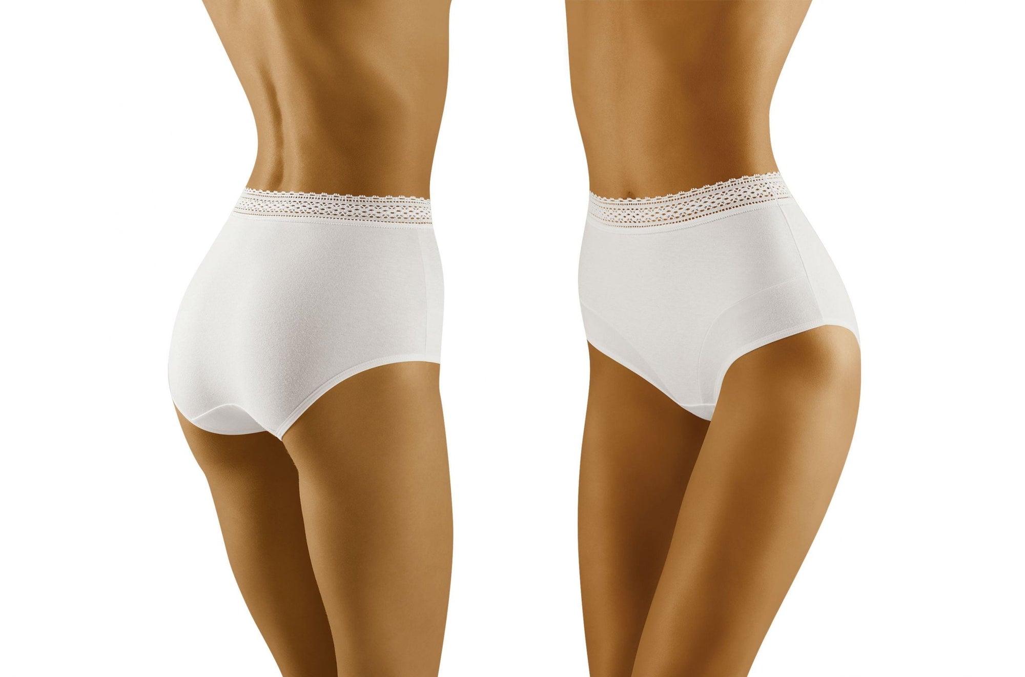 The image displays a front and back view of the Wolbar Eco-Go White Brief, modeled on a mannequin. These white high-waisted women's underwear feature a decorative lace trim on the waistband and have a smooth, fitted appearance. Set against a plain white background, these high-quality cotton briefs exemplify Wolbar's craftsmanship.