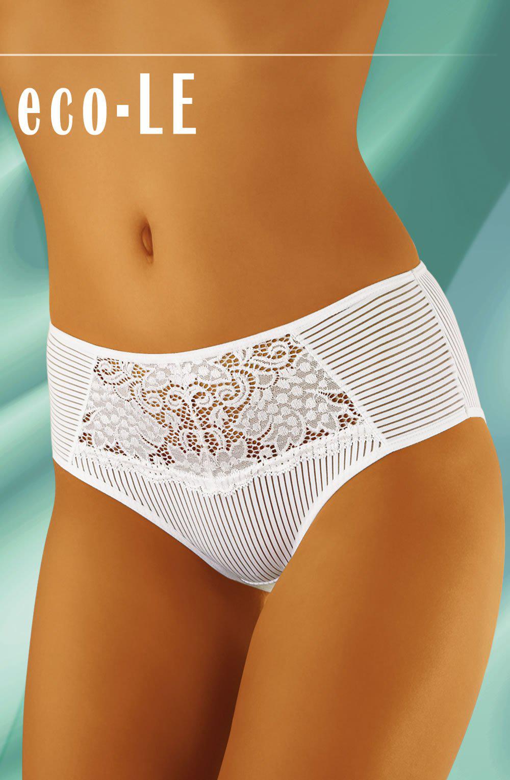 A person wearing Wolbar Eco-Le White Briefs, which feature a lace and striped design with a floral pattern on the front and are made from sustainable materials, stands against a green background. The text "eco-LE" appears in the upper left corner. Only the torso and upper legs are visible.