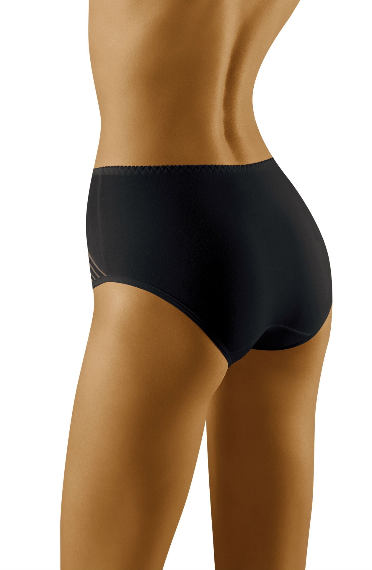 A person is shown from the back wearing Wolbar Eco-Ma Black Brief high-waisted underwear, emphasizing the fit and cut of the cotton brief. The individual has a tan skin tone, with the image concentrating on their lower back and upper legs, effectively showcasing the seamless design of this women's underwear by Wolbar.