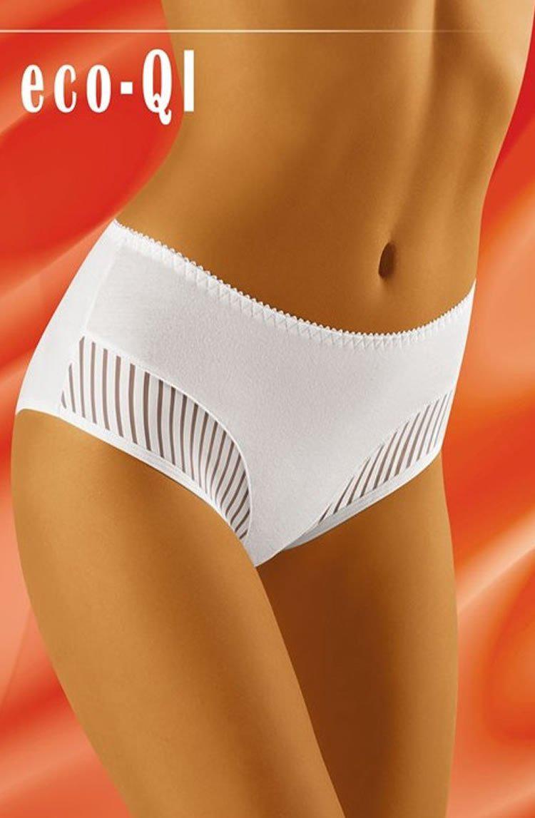 A model adorned in the luxurious Wolbar Eco-Qi White Brief, featuring high-waisted sheer lace edging and horizontal stripe cutouts on the sides. The vibrant red background showcases an "Eco-Qi" label in the top left corner, while only the torso and upper thighs of the model are visible.