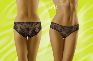 A model showcases a pair of Wolbar Lola Black Briefs with lace trim from the front and back against a lime green background adorned with a wavy pattern. The word "LOLA" is prominently displayed at the top of the image.