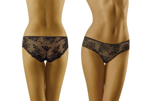 Front and back views of a model wearing the sheer black lace Wolbar Lola Black Brief, adorned with delicate floral patterns. The lace trim provides an extra touch of femininity. The image focuses on the torso and does not include the model's face, capturing the elegance of these exquisite panties by Wolbar.