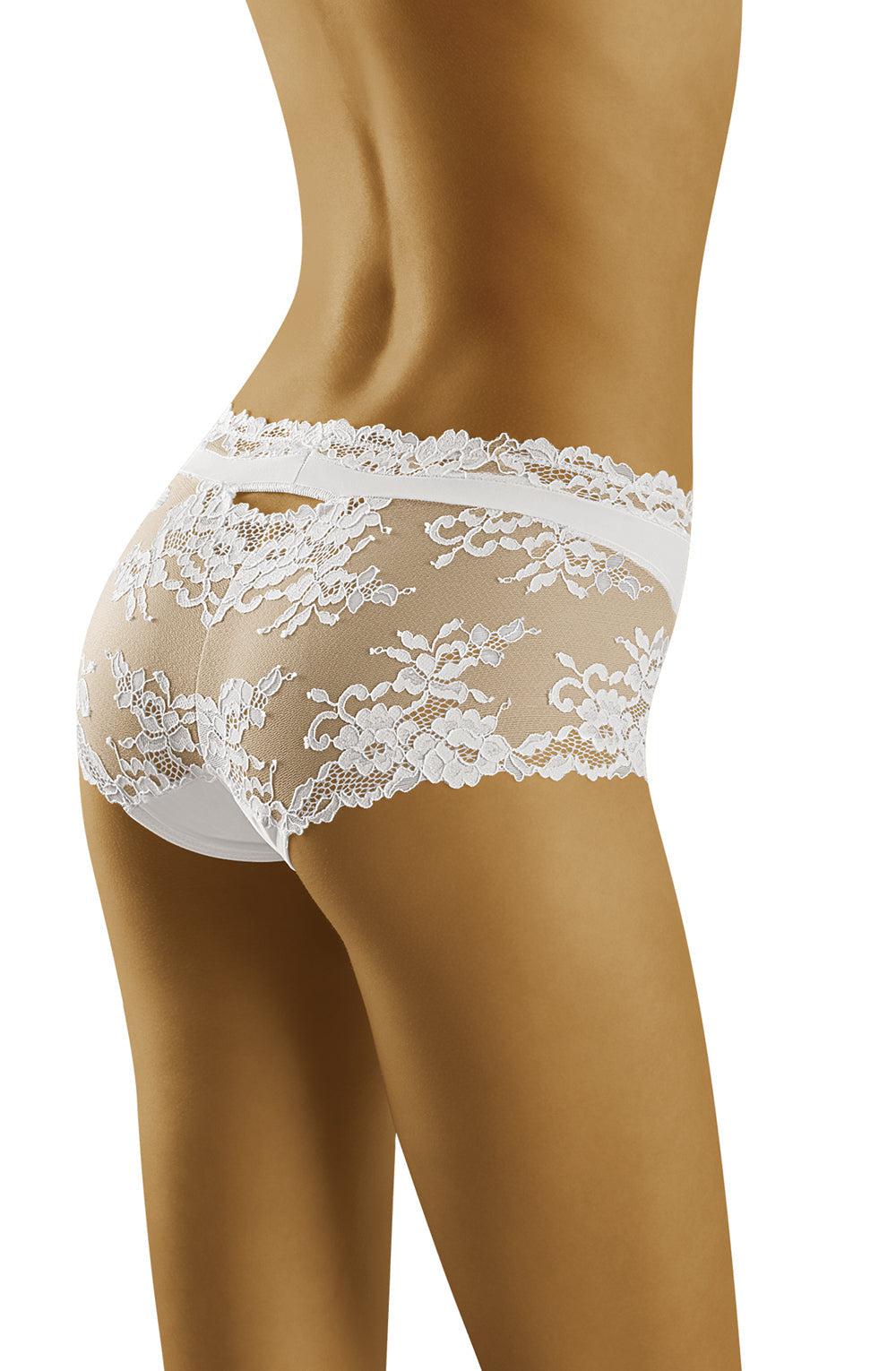 A person is modeling the Wolbar Luxa White Brief by Wolbar, showcasing the luxurious comfort of white floral lace lingerie. The delicate fabric features a beautiful floral pattern and provides semi-sheer coverage. Captured from the back and waist down, this highlights both the fit and intricate design.