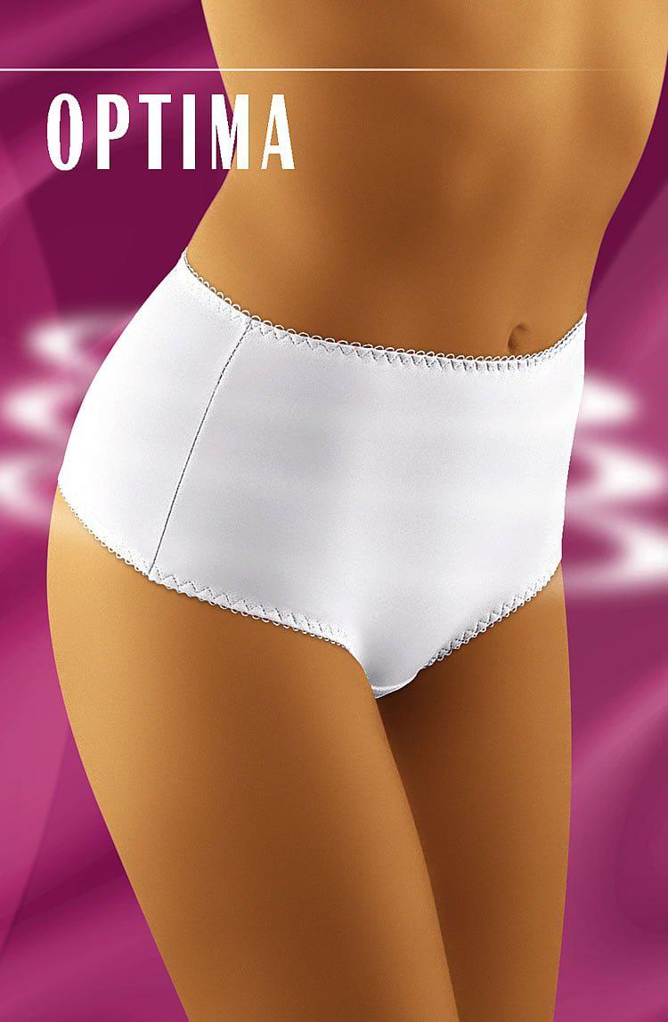 Image features a woman modeling the Wolbar Optima White Brief high-waisted underwear, available in size UK 16, against a purple backdrop with "Optima" displayed at the top left. The body-shaping brief has a delicate lace trim at both the top and bottom edges. The woman's torso is visible, but her face is not shown.