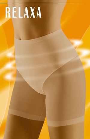 A person wearing the Wolbar Relaxa Beige Slimming Brief, crafted from high-quality microfibre, is depicted against an abstract yellow background with swirling lines. The brand name "Wolbar" is prominently showcased in bold white letters at the top left of the image.