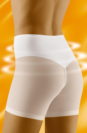 A person is wearing the Wolbar Relaxa White Slimming Brief against a vibrant orange background. The Wolbar shapewear features a smooth and supportive design made of superior microfiber. The person's lower back and upper legs are visible, highlighting the fit and fabric of the garment.