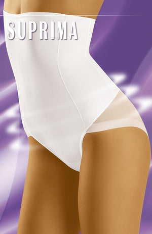 A person is seen wearing the Wolbar Suprima White Shaping Brief against a purple background, with "Wolbar Suprima" displayed at the top. The high-waisted brief, made of smooth material, contours the waist and hips to provide premium slimming underwear benefits.