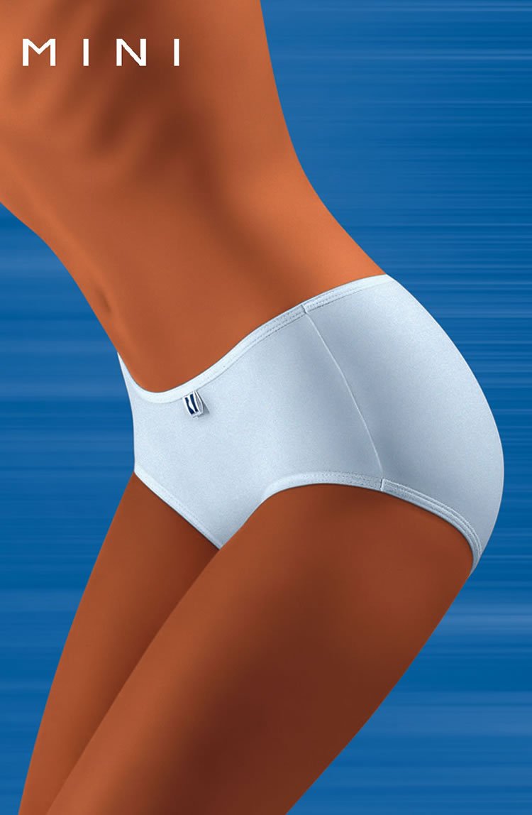 A person wearing Wolbar Tahoo Mini Black Briefs is depicted against a blue background. The word "MINI" is positioned in the upper left corner of the image. Only the lower torso and upper thighs of the person are visible, showcasing a blend of comfort and style from Wolbar.