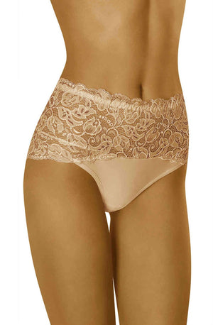 A torso modeling the Wolbar Teri Beige Brief by Wolbar. The high-waisted design is part of our lingerie collection and features a wide, floral lace band at the top with smooth, seamless fabric at the bottom. The lighting accentuates the intricate floral lace detailing perfectly.