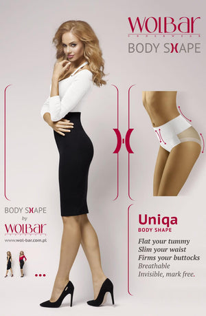 A woman with long blonde hair, dressed in a black pencil skirt and white top, poses with one hand on her chin. She highlights the contouring benefits of Wolbar Uniqa Beige Brief by Wolbar, which touts a seamless mesh design that aims to slim the waist, flatten the tummy, and firm the buttocks.