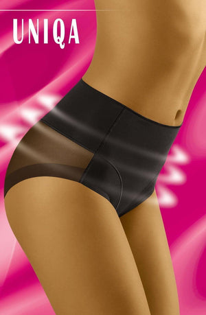 A woman is modeling the Wolbar Uniqa Black Brief, which features a high-waisted design with mesh side panels. The background is bright pink with white diagonal streaks. At the top left corner, the word "Wolbar" is written in white, accentuating the premium brief's elegant design.